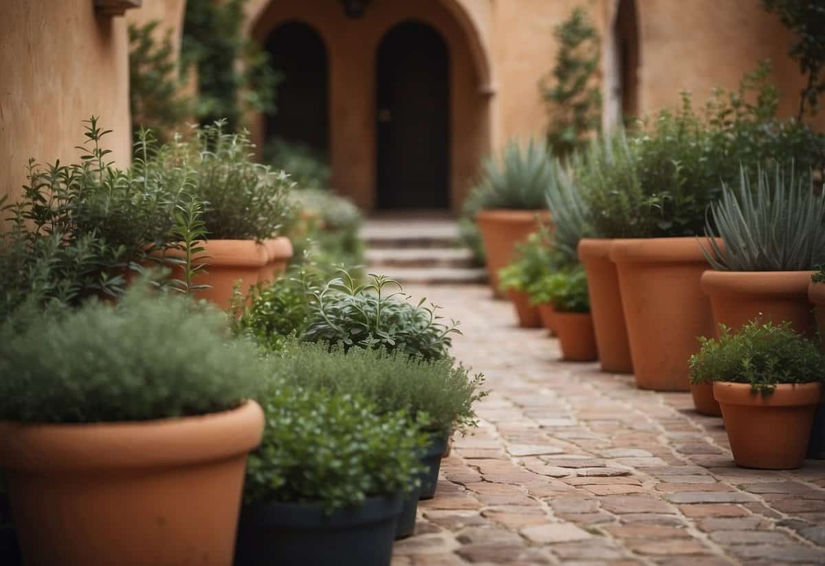 A lush Mediterranean herb garden with aromatic basil, rosemary, and thyme, surrounded by terracotta pots and stone pathways