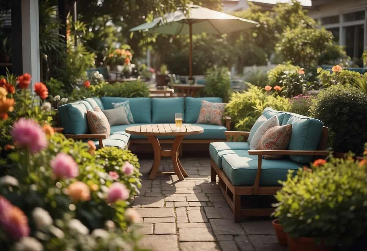 Cozy outdoor seating nooks surrounded by lush greenery and colorful flowers, with comfortable chairs and tables for relaxation and enjoyment