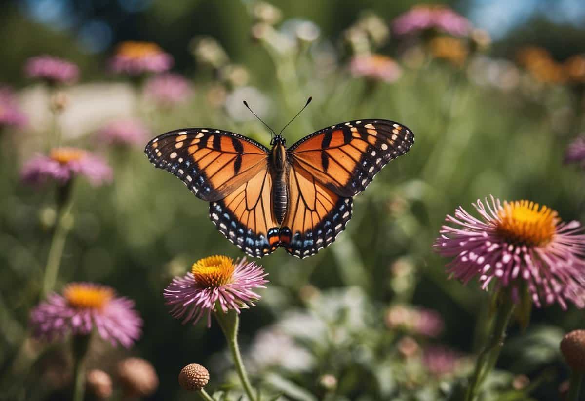 A colorful butterfly habitat garden blooms with native plants and flowers, attracting fluttering insects to a peaceful American garden setting