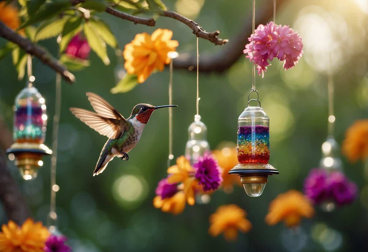 Vibrant hummingbird feeders hang from tree branches in a lush American garden, surrounded by colorful flowers and buzzing with tiny birds