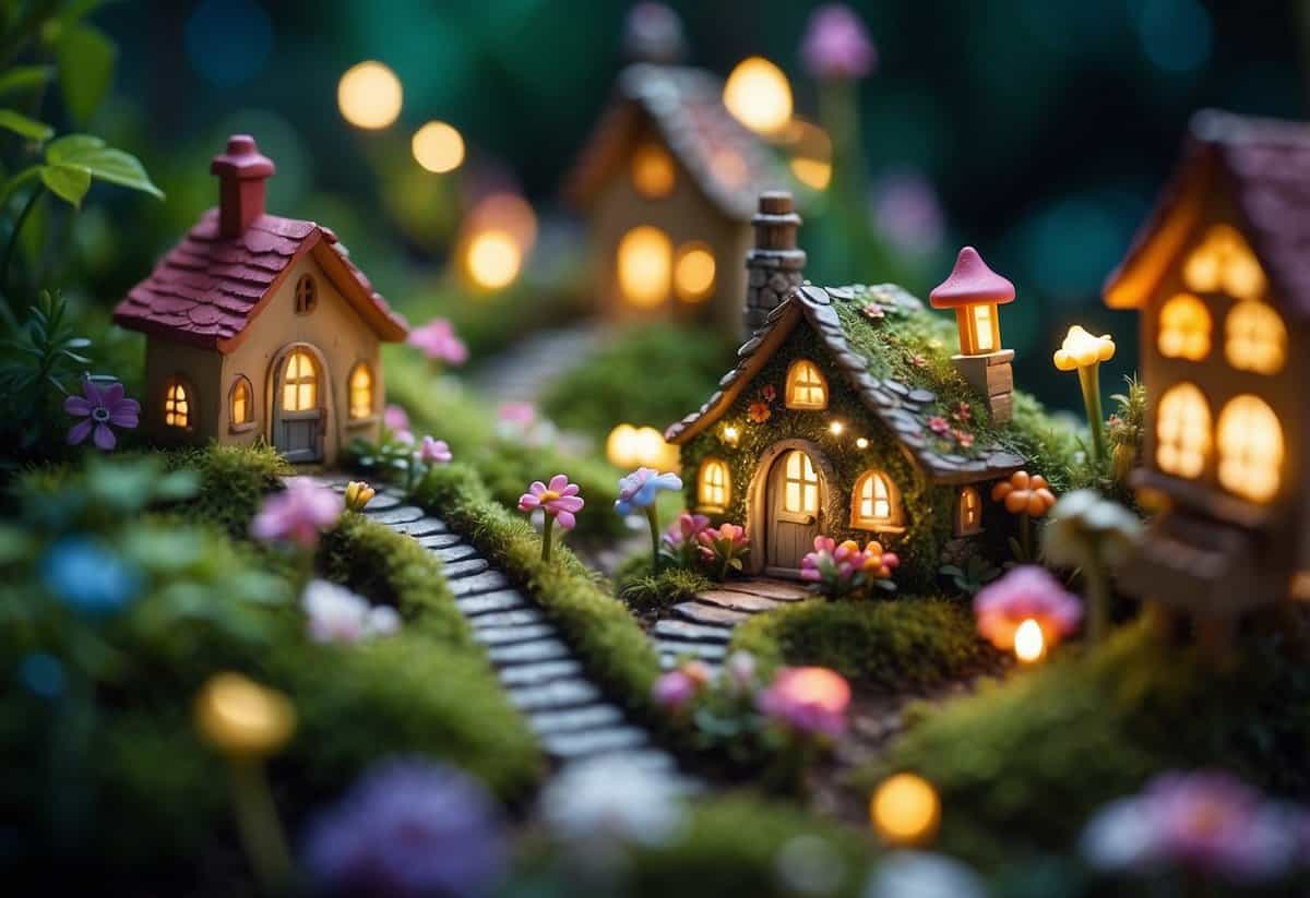 A whimsical fairy garden with colorful flowers, tiny fairy houses, and twinkling string lights nestled among lush green foliage