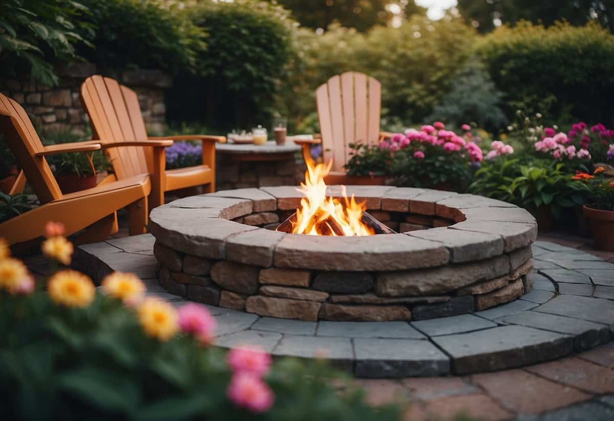 A cozy outdoor seating area surrounded by lush greenery and colorful flowers, with a stone fire pit as the focal point