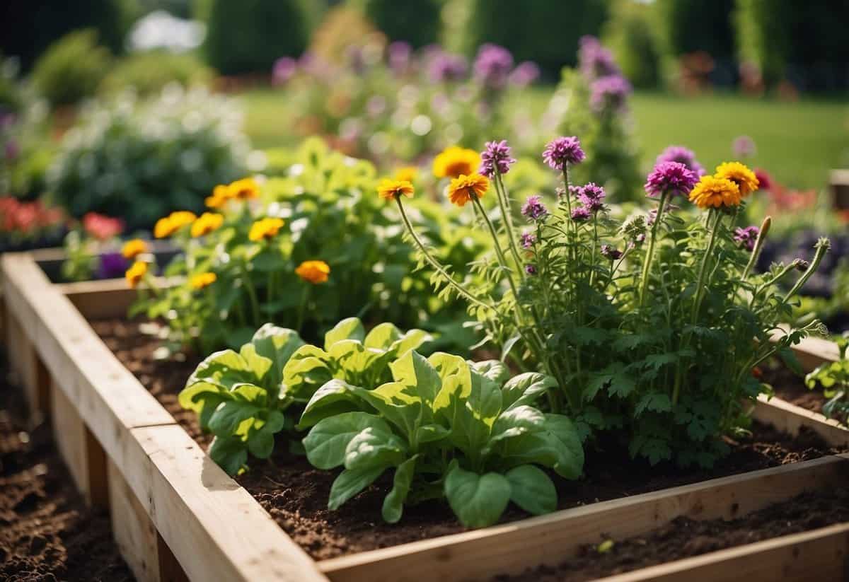 Lush greenery fills raised beds in an Ohio garden, with colorful flowers and vegetables thriving under the warm sun