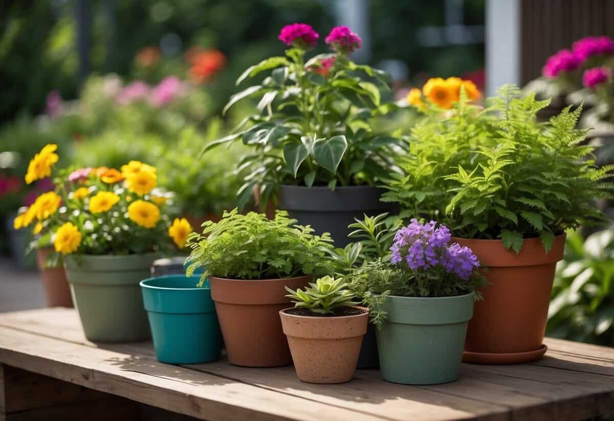 Lush green plants and colorful flowers spill out of various containers arranged on a patio, creating a vibrant and inviting Ohio garden scene