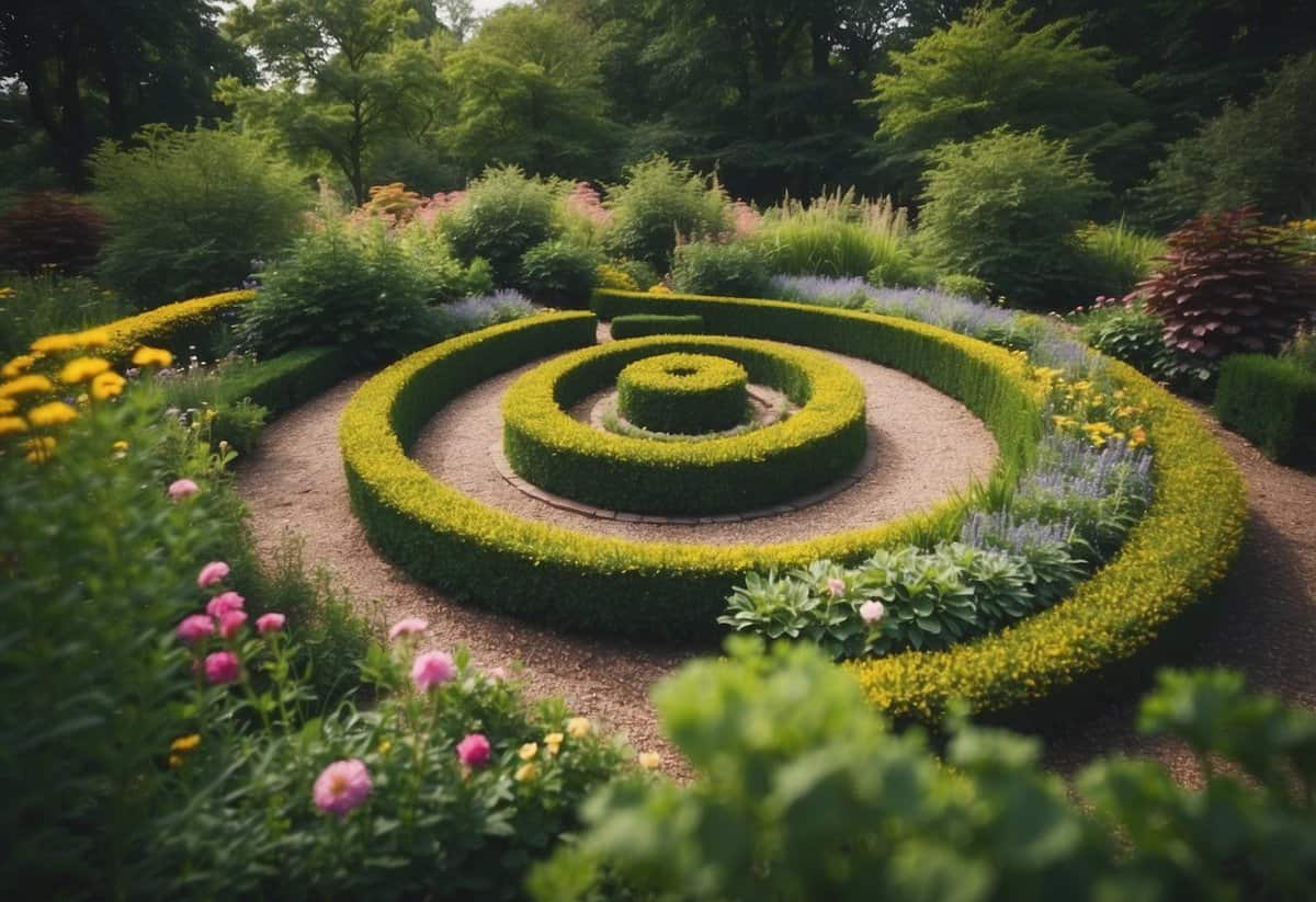 A vibrant herb spiral garden in Ohio, with a variety of aromatic plants arranged in a spiral pattern, surrounded by lush green foliage and colorful flowers