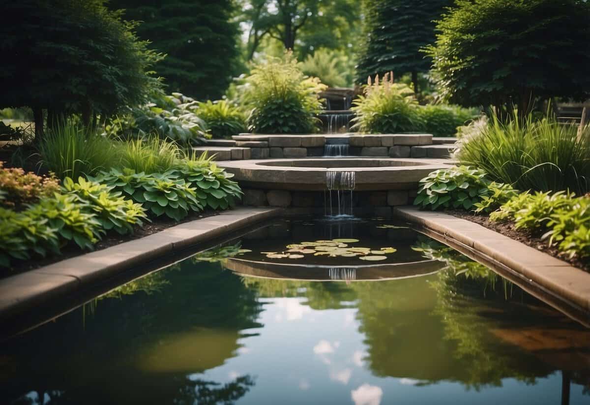 Lush aquatic plants surround a tranquil water feature in an Ohio garden, creating a serene and natural oasis