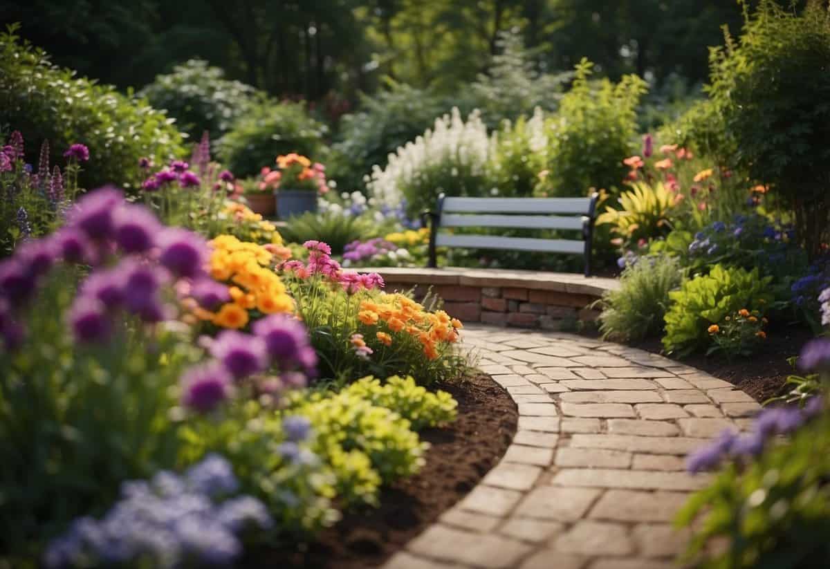 A lush garden with vibrant flowers, winding pathways, and a cozy seating area. A mix of perennials and annuals creates a harmonious balance of color and texture