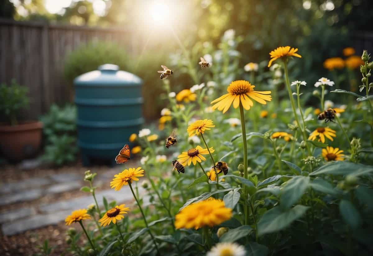 Lush garden with compost bin, rain barrel, and native plants. Bees and butterflies flutter around. No chemical pesticides in sight