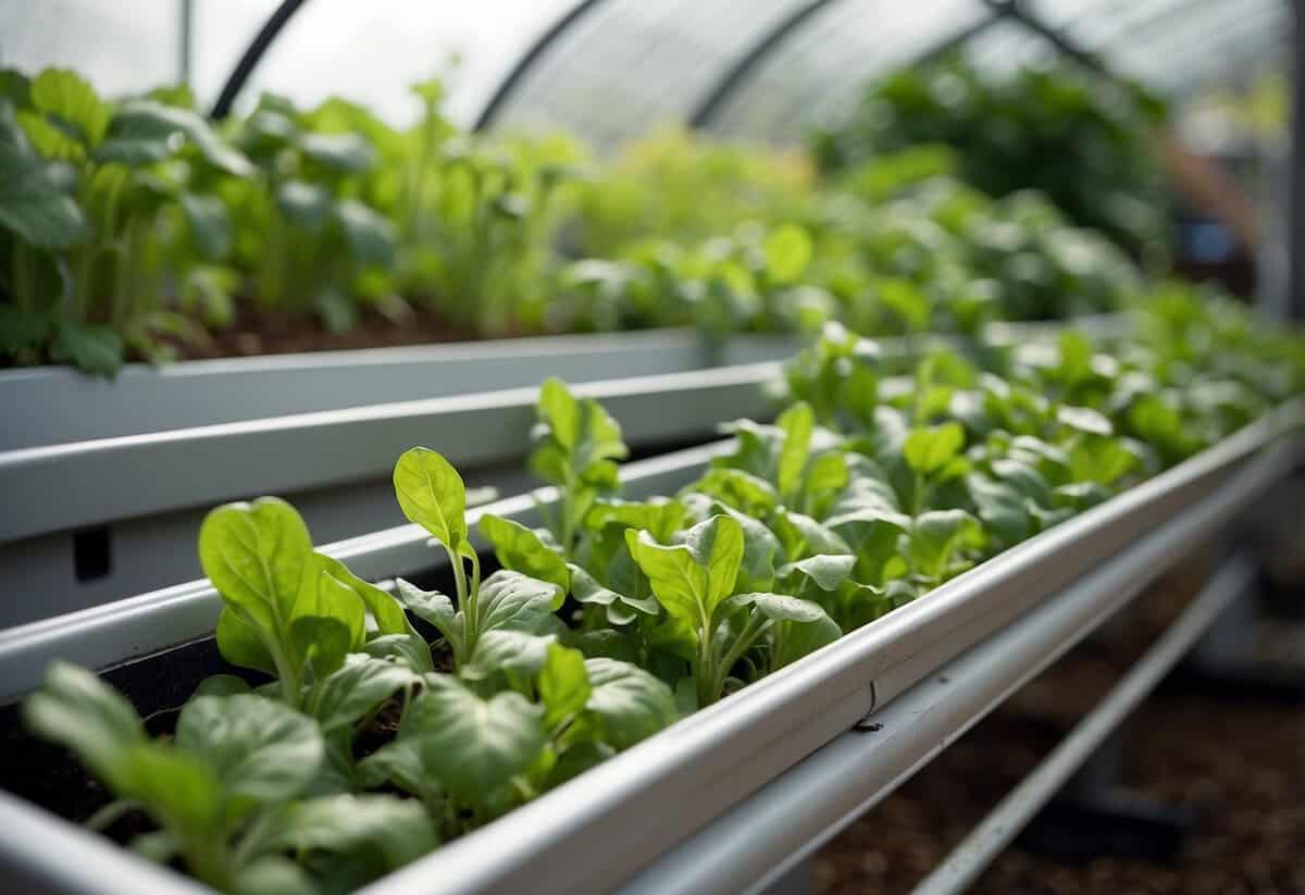 Lush green vegetables growing in small rain gutter garden system