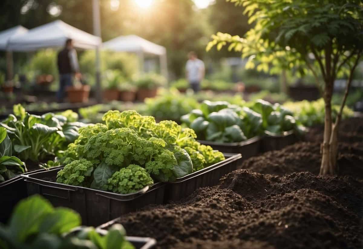 Lush garden with vibrant vegetables, surrounded by bags of soil and fertilizer. A small, well-tended space bursting with green life