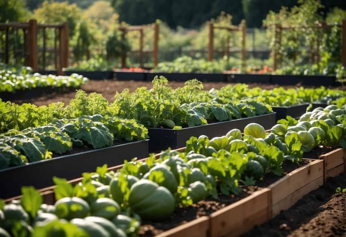 Lush green vegetable garden with raised beds, trellises, and neatly arranged rows of tomatoes, peppers, and leafy greens. A small compost bin sits in the corner