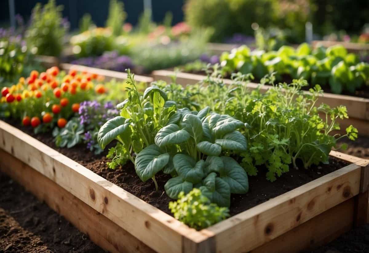 A series of tiered raised beds overflowing with vibrant vegetables and herbs, creating a lush and bountiful container garden