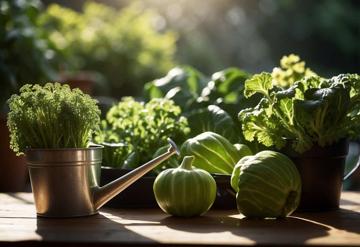 Lush green vegetables in various containers, basking in sunlight with a gentle watering can nearby