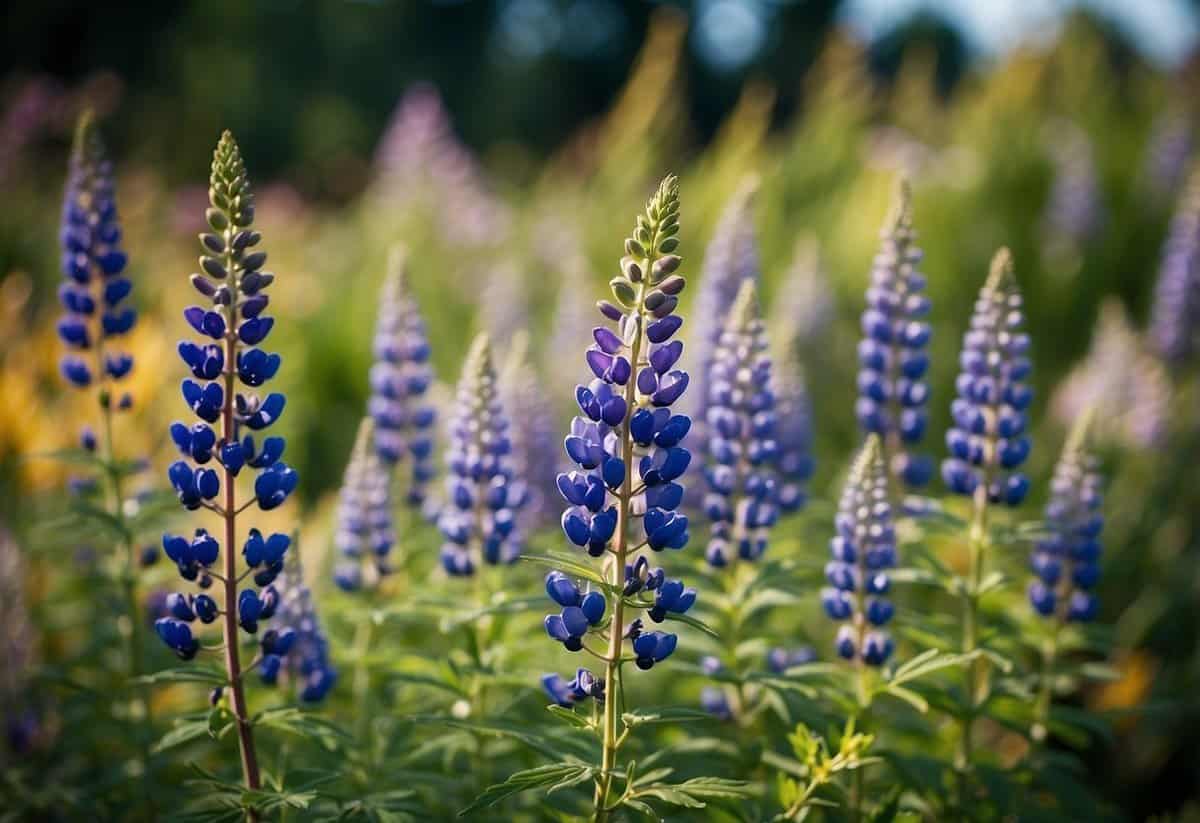 A lush garden of vibrant lupines in various shades of purple and blue, surrounded by a neatly trimmed border of greenery and small white flowers