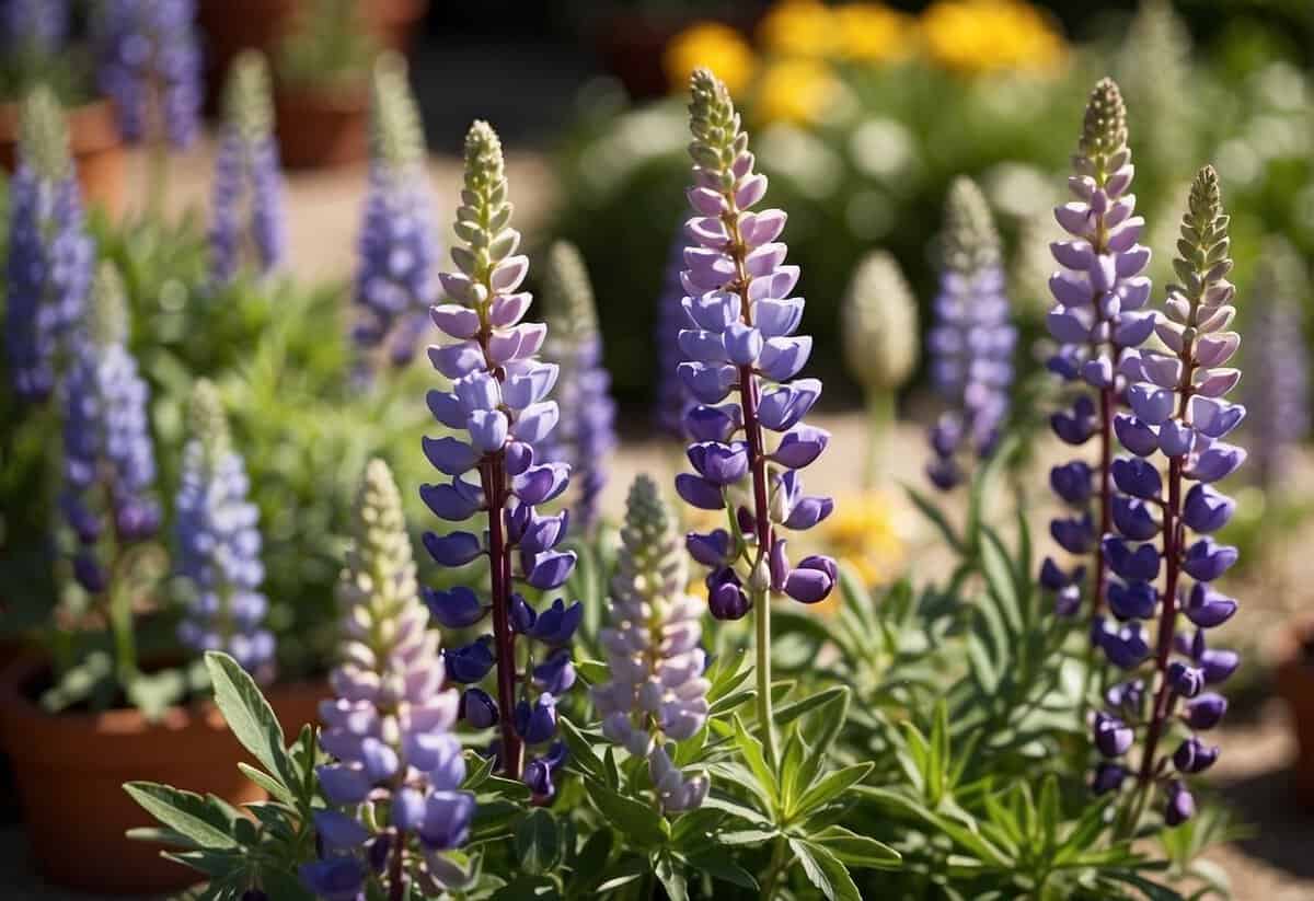 Vibrant potted lupines arranged on sunlit patios, creating a colorful and charming lupine garden display