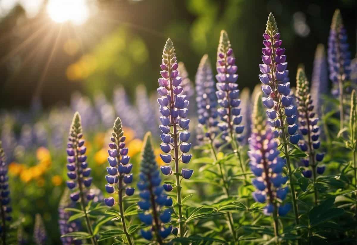 Vibrant lupines create a border, varying in height and color. Sunlight filters through the blossoms, casting a rainbow of hues onto the garden path