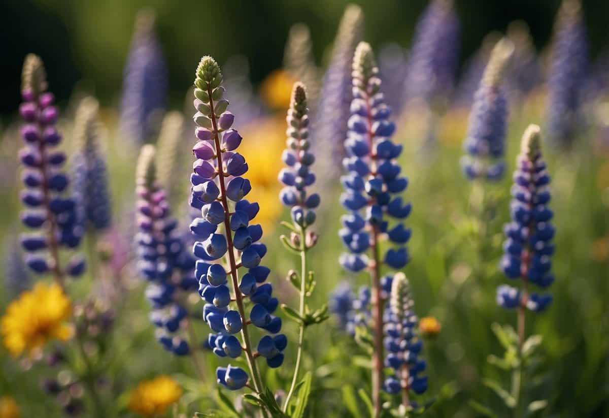 A vibrant meadow bursting with colorful lupines and wildflowers, creating a stunning and diverse garden landscape