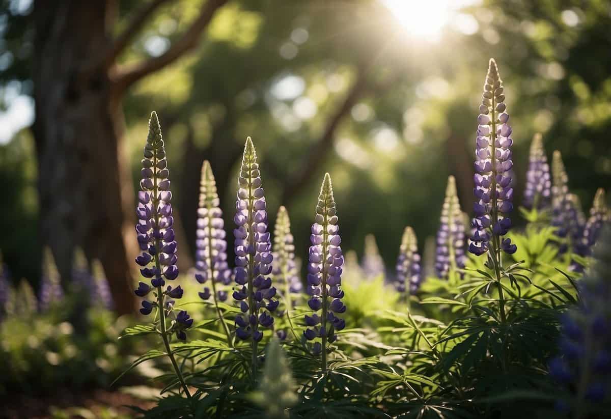 A shaded area with tall lupine plants, surrounded by smaller shade-loving plants. The dappled sunlight creates a peaceful and serene atmosphere, perfect for a lupine garden