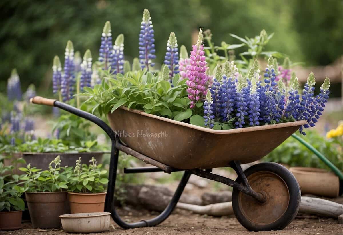 Lupines grow in repurposed garden items: old wheelbarrows, buckets, and watering cans. Bright blooms spill over edges, creating a charming, rustic display