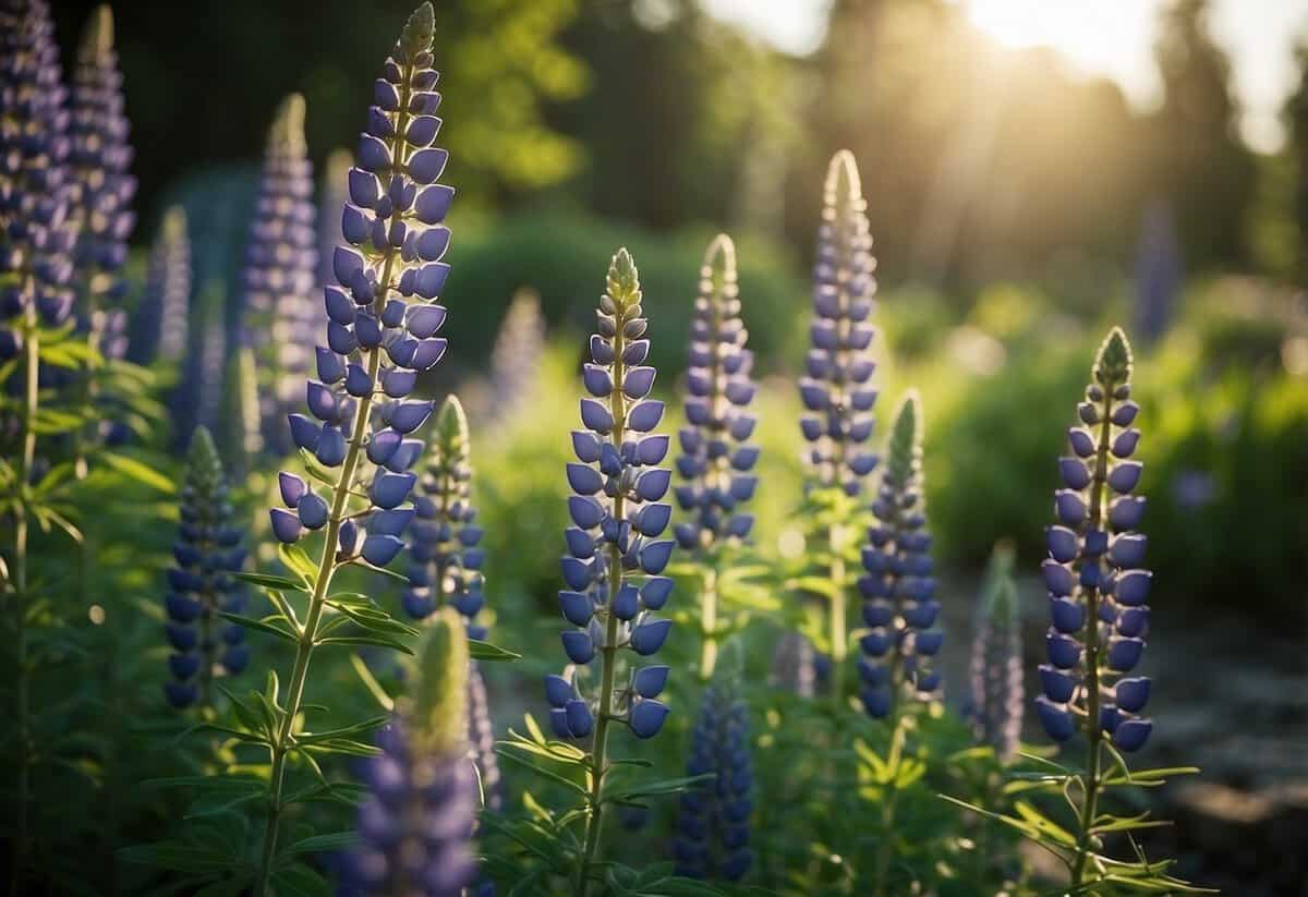 A lush lupine garden with a network of efficient watering systems, showcasing various lupine plant varieties in full bloom