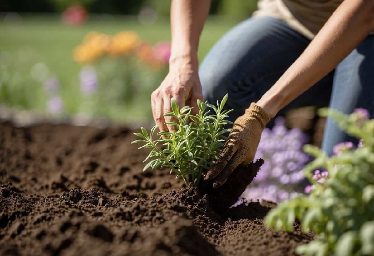 Rich soil being tilled, compost added, and raked smooth for planting lupines in a sunny garden bed