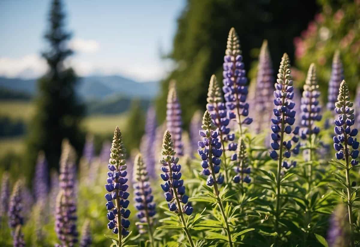 A lush garden filled with vibrant lupines, attracting pollinators and adding color to the landscape. Tall spires of purple, pink, and blue flowers sway gently in the breeze, creating a peaceful and picturesque scene