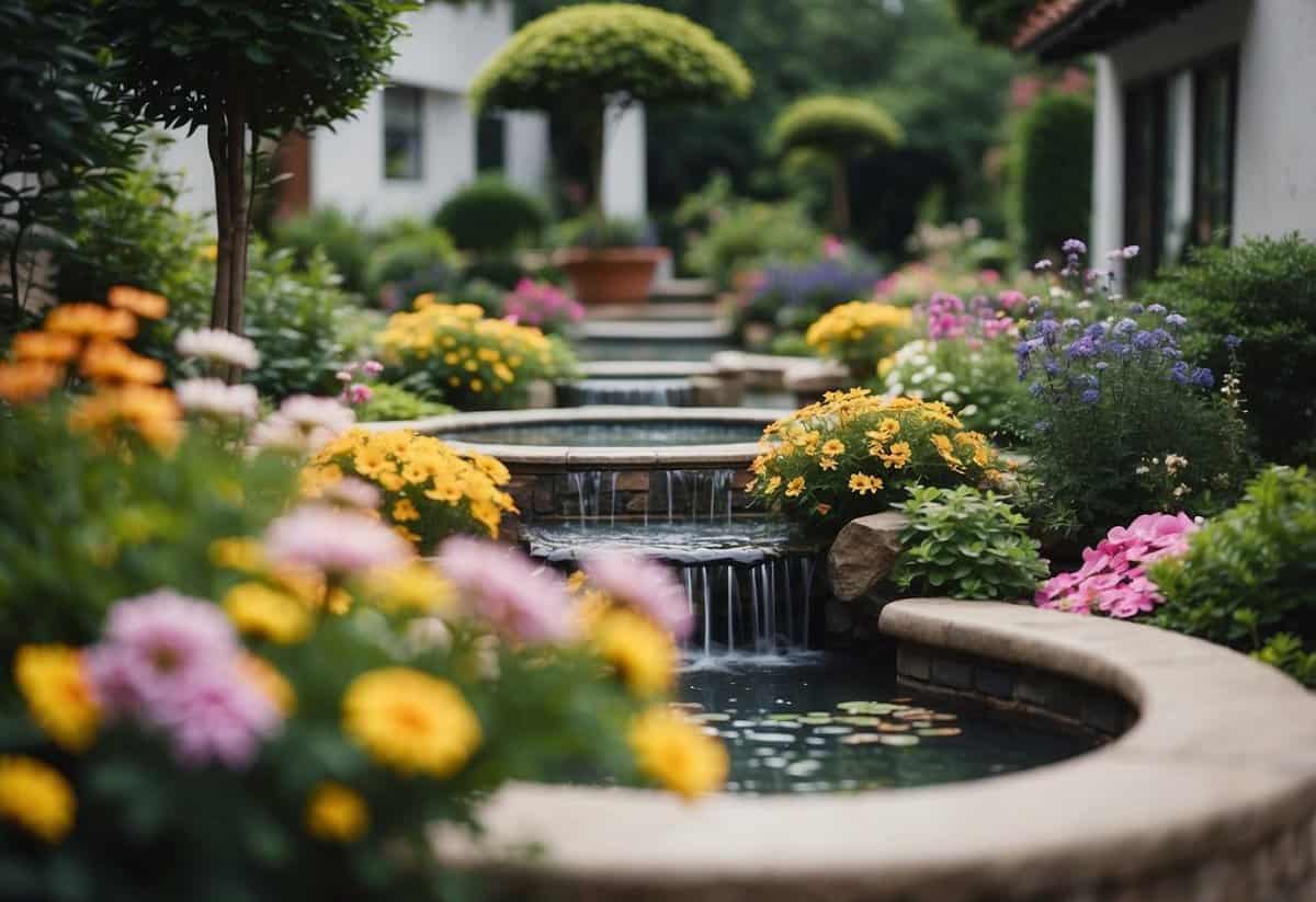 A tranquil courtyard garden with a corner water feature surrounded by lush greenery and colorful flowers