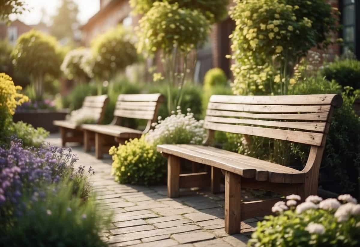 Rustic wooden benches arranged in a courtyard garden, surrounded by blooming flowers and lush greenery