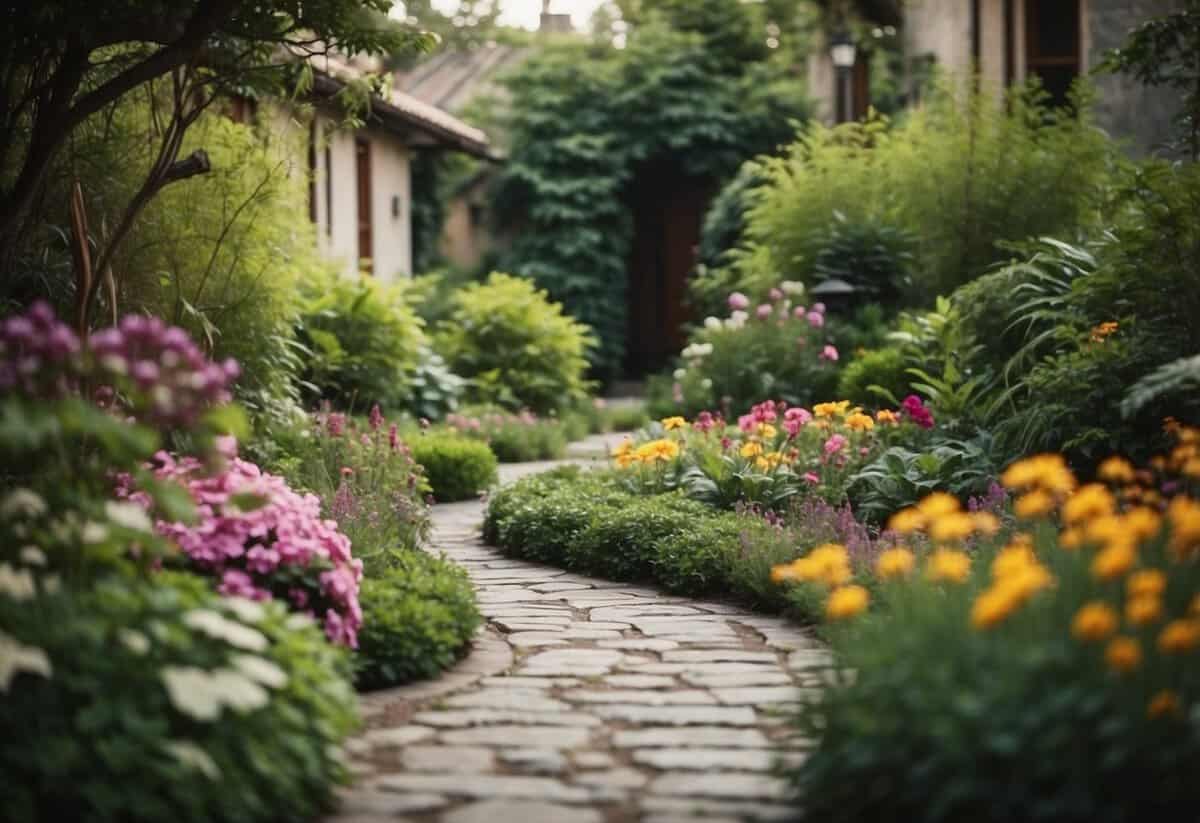 A winding stone pathway leads through a lush courtyard garden, surrounded by vibrant flowers and greenery. A peaceful and serene atmosphere emanates from the tranquil space