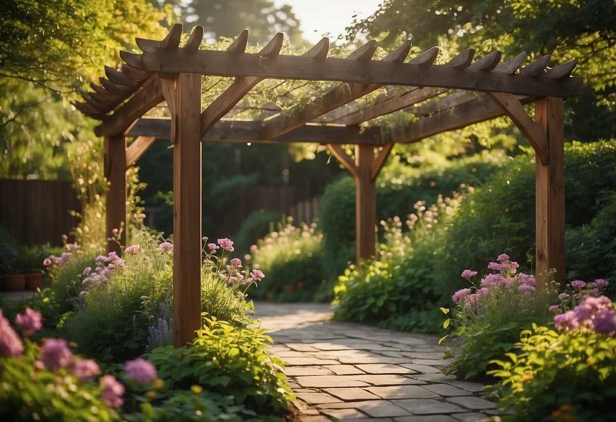 A sturdy reclaimed wood pergola stands in a lush courtyard garden, surrounded by vibrant flowers and greenery, creating a tranquil and inviting outdoor space