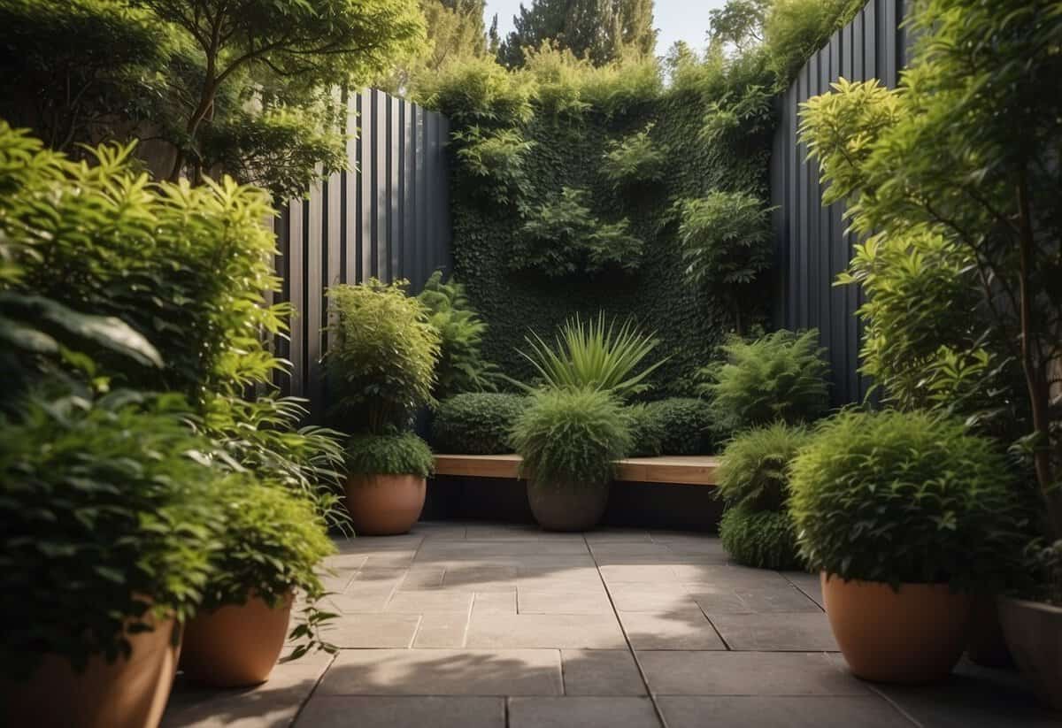 Lush greenery surrounds a cozy corner with tall privacy screens in a tranquil courtyard garden