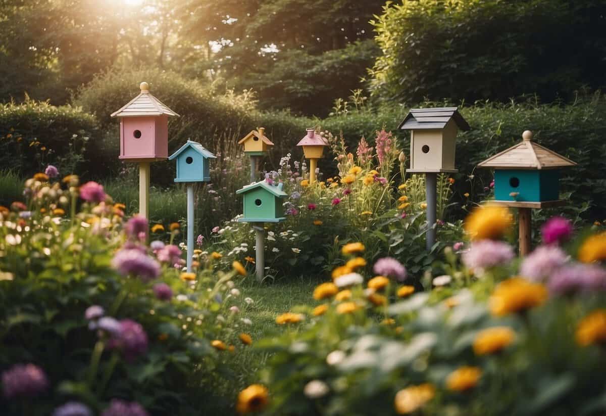 An overgrown garden with birdhouses nestled in the foliage, surrounded by colorful flowers and fluttering birds