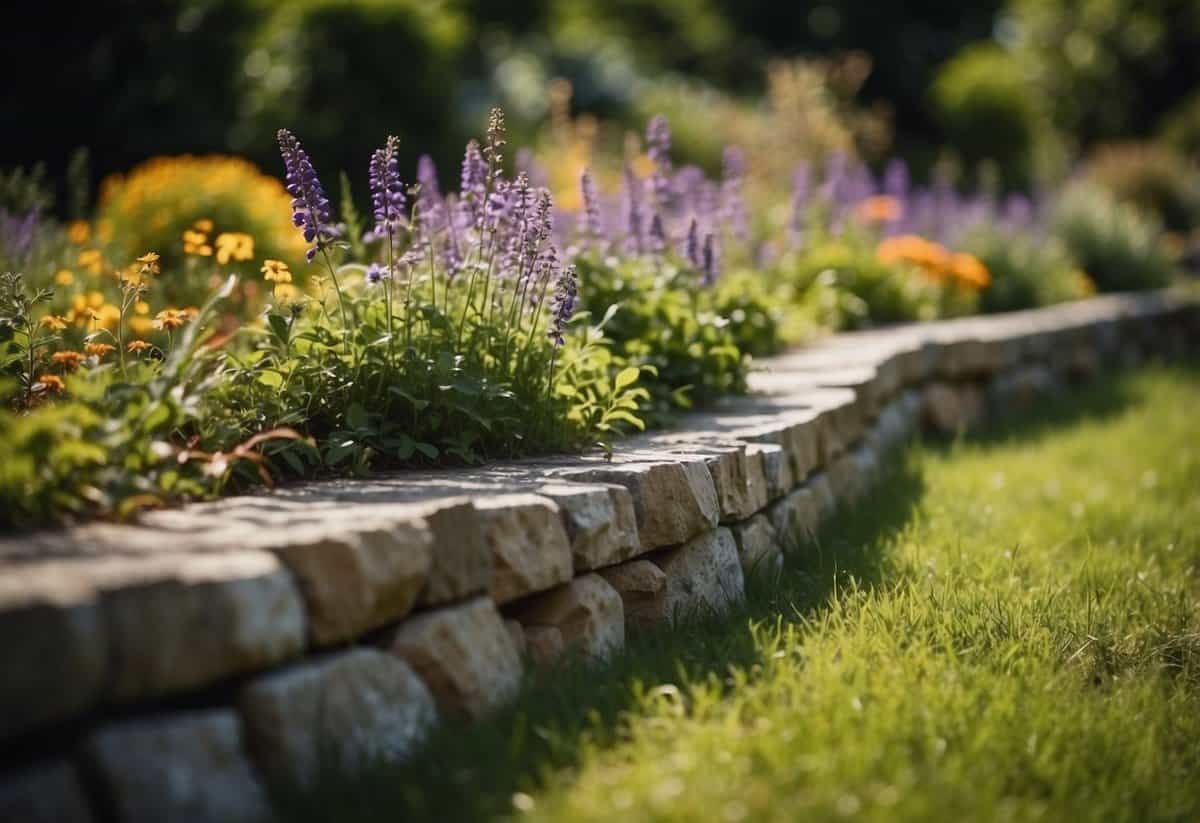 A stone edging borders a lush, overgrown garden, with wildflowers and greenery spilling over onto the path