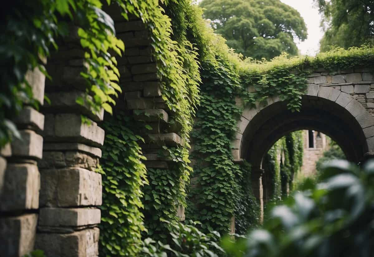 Lush green vines creep over stone walls and trellises in a wild, overgrown garden, creating a tangled and enchanting scene