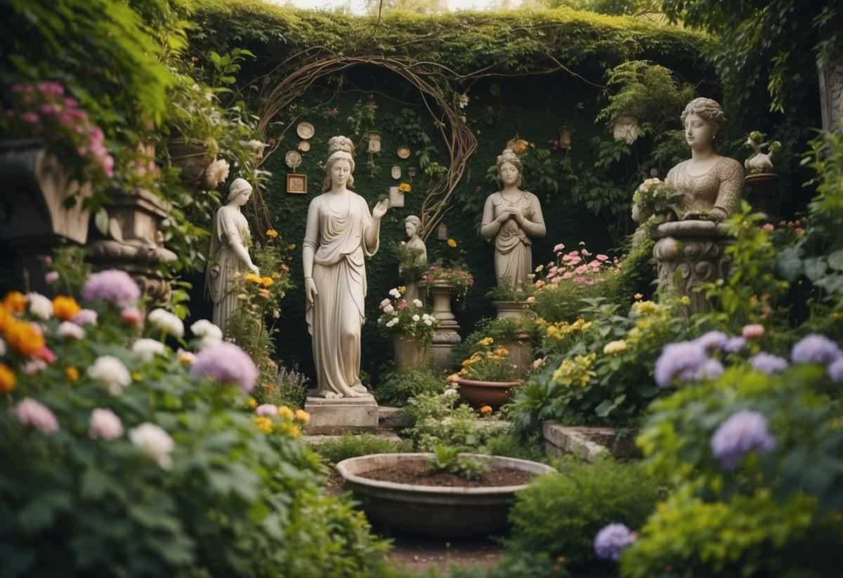 A lush garden with art scattered among overgrown plants and flowers. Vine-covered sculptures, weathered statues, and colorful mosaics create a whimsical and enchanting atmosphere