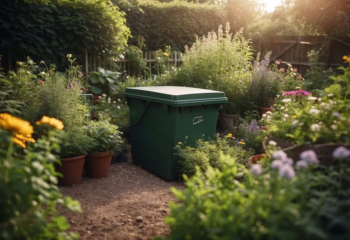 A lush garden with a designated compost area, surrounded by overgrown plants and wildflowers. The compost bin is filled with organic waste, and there are gardening tools scattered around