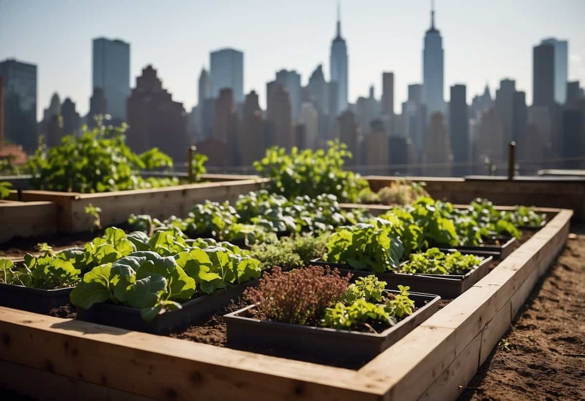 A terraced vegetable garden in New York City, with raised beds, lush green plants, and city skyline in the background