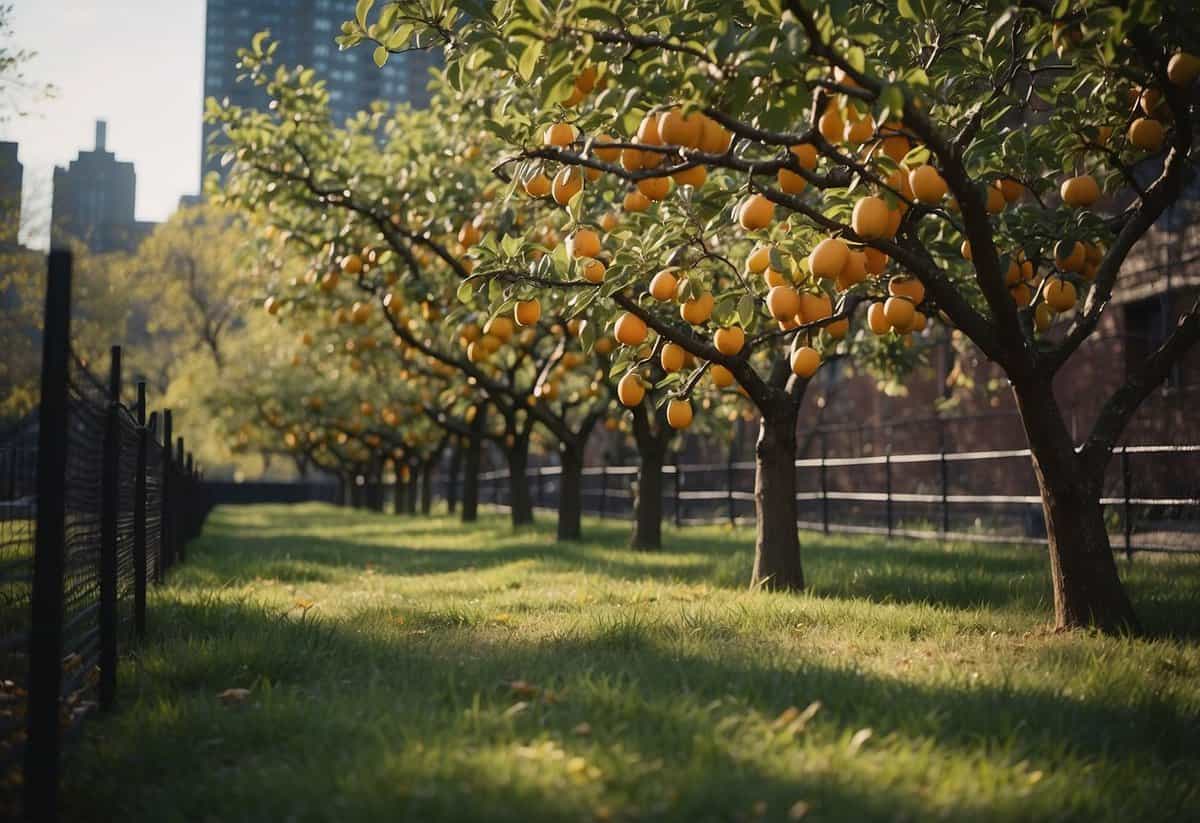 An urban orchard with fruit trees in a New York City garden