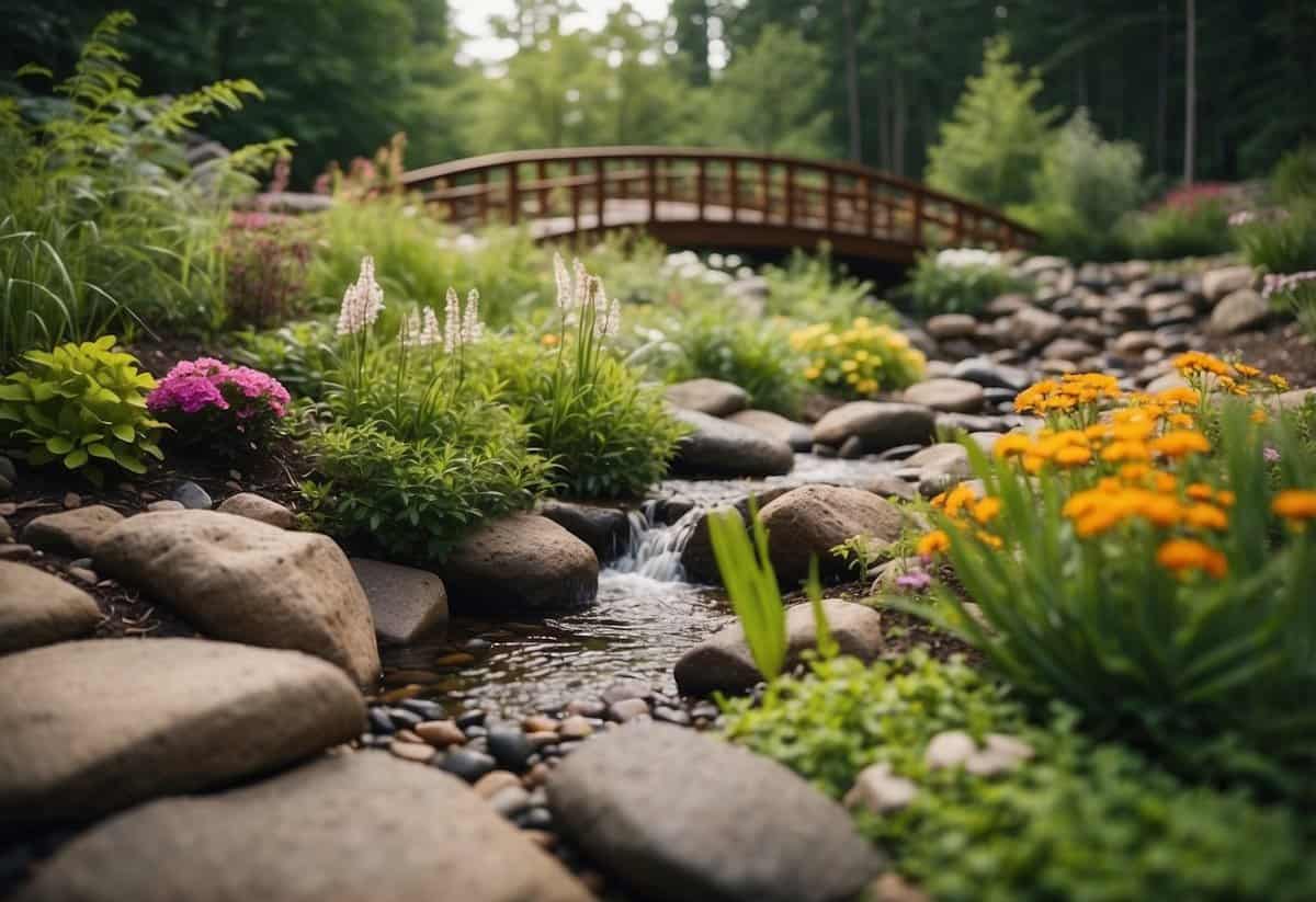 A lush rain garden with native plants and a variety of flowers, surrounded by a mix of rocks and mulch. A small stream runs through the garden, with a bridge crossing over it