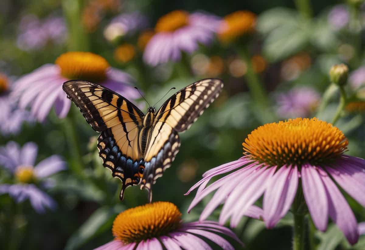 Colorful butterflies flit among vibrant flowers in a lush garden, while busy pollinators buzz from bloom to bloom in New York City