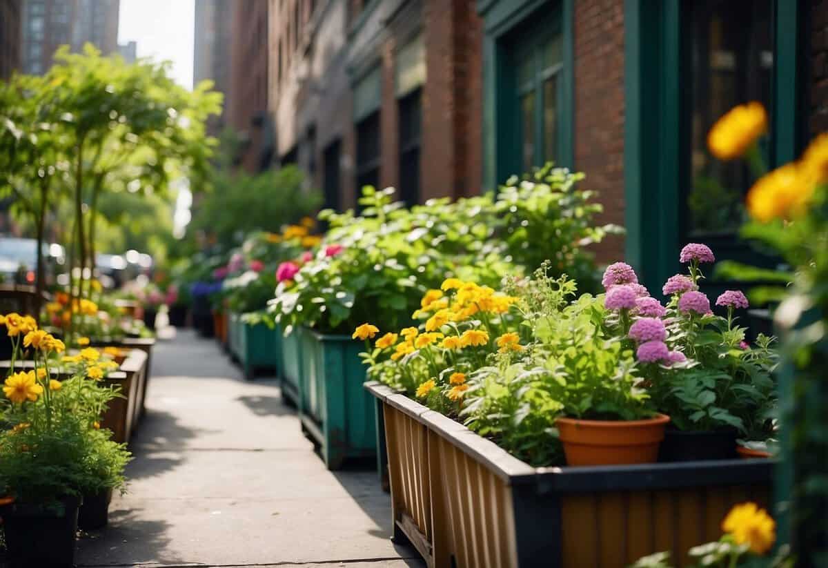 Lush green plants and colorful flowers bloom in repurposed containers, adding vibrancy to a New York City garden