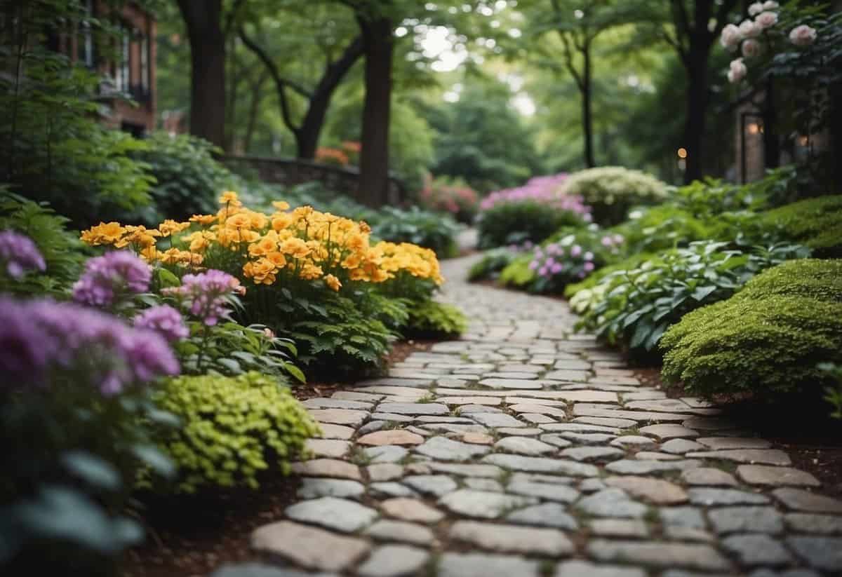 A winding garden path lined with native stones in a New York City garden, surrounded by lush greenery and colorful flowers