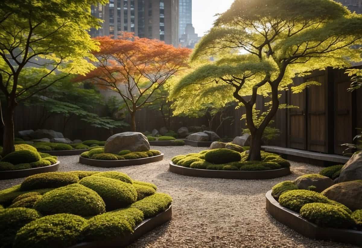 A serene Zen garden with Japanese maples, stone lanterns, and raked gravel paths. The garden is nestled within a bustling New York City, providing a peaceful escape from the urban chaos