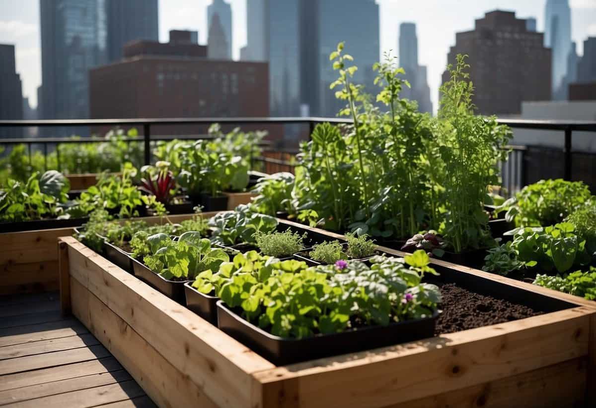 Lush green plants thriving in raised beds on a rooftop terrace overlooking the city skyline. A variety of vegetables, herbs, and flowers are neatly arranged in the urban garden, showcasing the potential for sustainable living in New York City