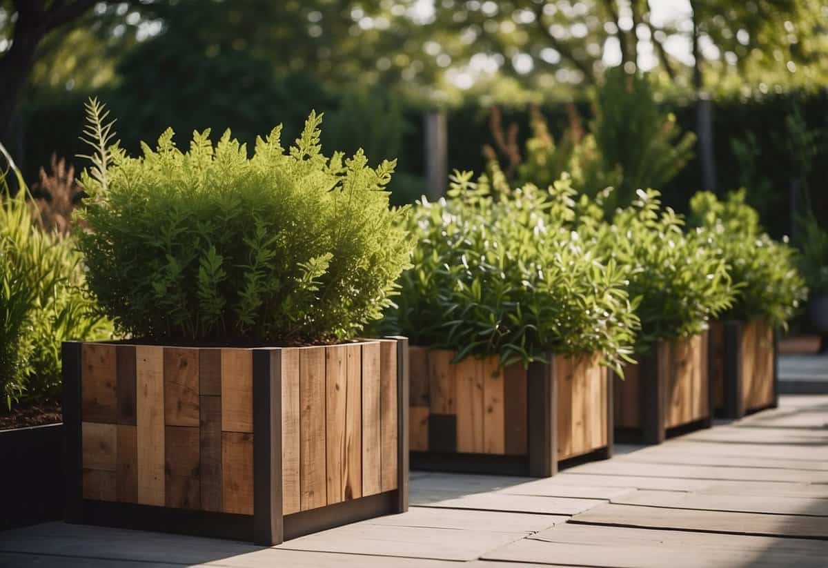 A modern outdoor space with reclaimed wood planters, filled with lush greenery, creating a natural and sustainable garden design