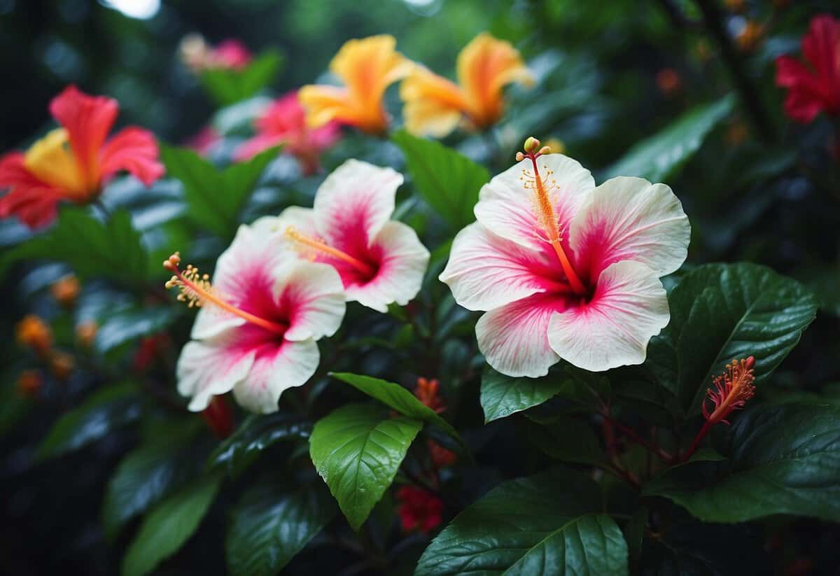 Lush hibiscus and tropical plants intertwine in a vibrant garden, creating a colorful and exotic mix of foliage