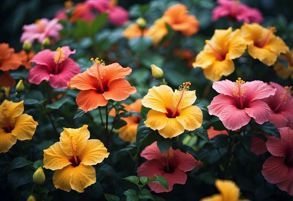 A vibrant hibiscus flower bed blooms with various colors and sizes, creating a stunning and lush garden display