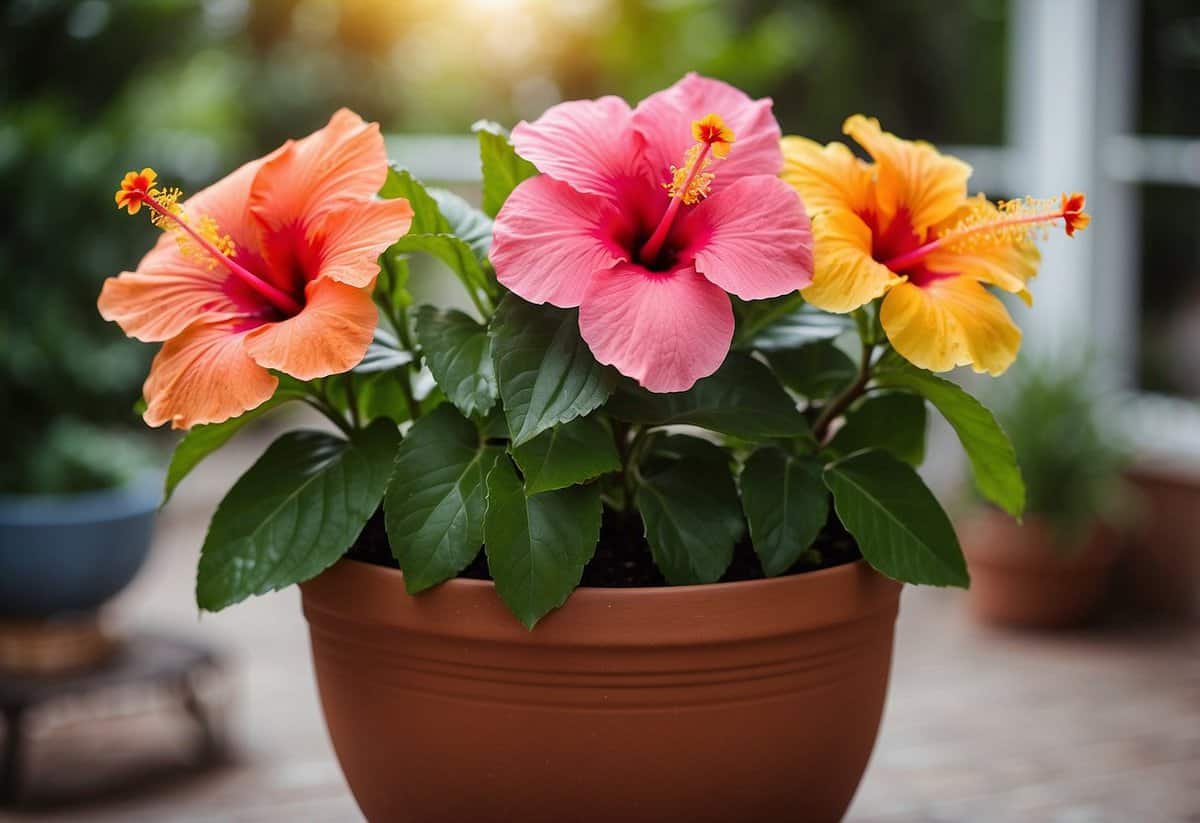 A vibrant potted hibiscus sits on a sun-drenched patio, surrounded by lush greenery and colorful flowers. The warm, inviting atmosphere suggests a peaceful and relaxing garden setting