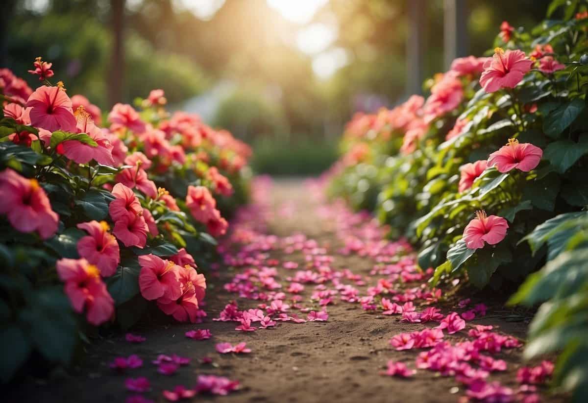 A pathway lined with vibrant hibiscus flowers, creating a colorful border