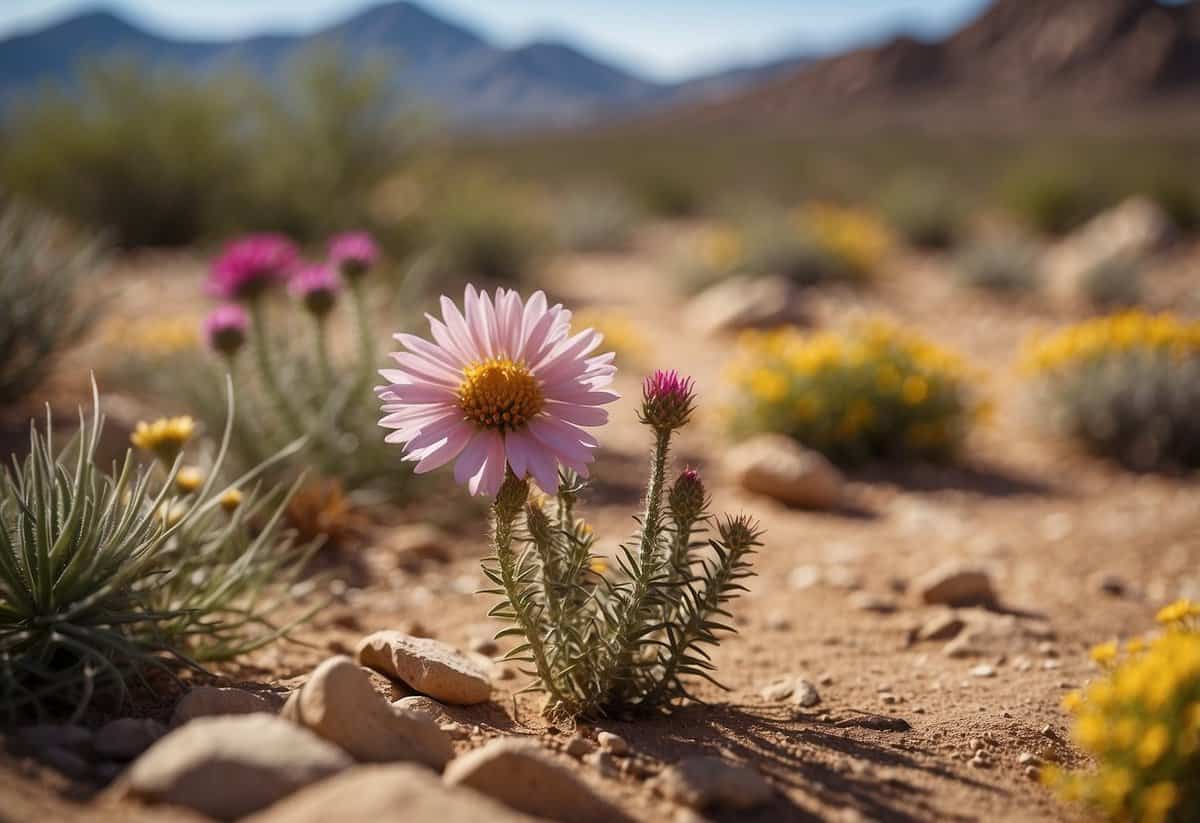 Vibrant desert wildflowers bloom in a carefully designed garden, set against the arid Arizona landscape